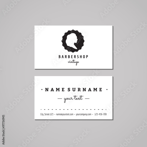 Barbershop business card design concept. Barbershop logo-badge with wavy long hair woman profile. Vintage, hipster and retro style. Black and white. Hair salon business card.