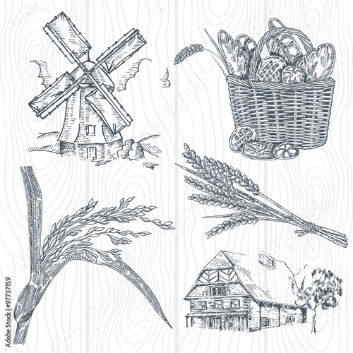 Hand drawn bakery set. Illustration windmill, wheat, farm house