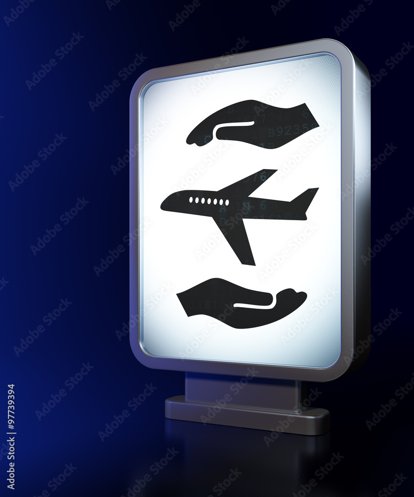 Insurance concept: Airplane And Palm on billboard background
