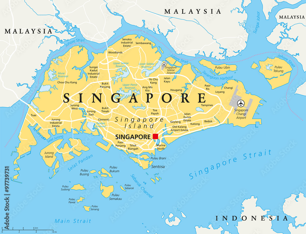 Obraz premium Mapa polityczna wyspy Singapur ze stolicą Singapuru, granicami państwowymi i ważnymi miastami. Angielskie etykietowanie i skalowanie. Ilustracja.