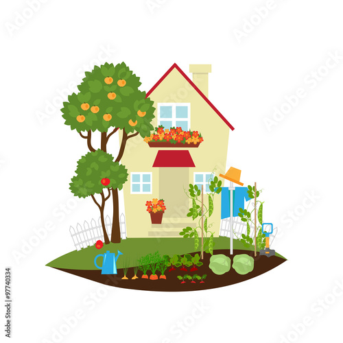 Small house among the apple trees, vegetables in the beds, scarecrow and garden tools