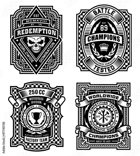 Ornate black and white emblem graphic design set