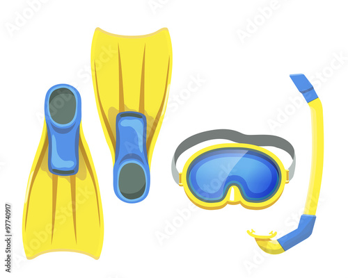 illustration of isolated snorkeling equipment, mask and flippers