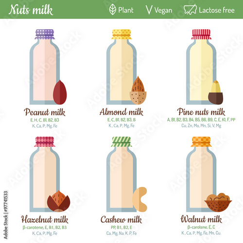 Nuts milk in glass bottles vector set. Modern flat design. Organic, vegan, lactose free drink. Design elements for menu.