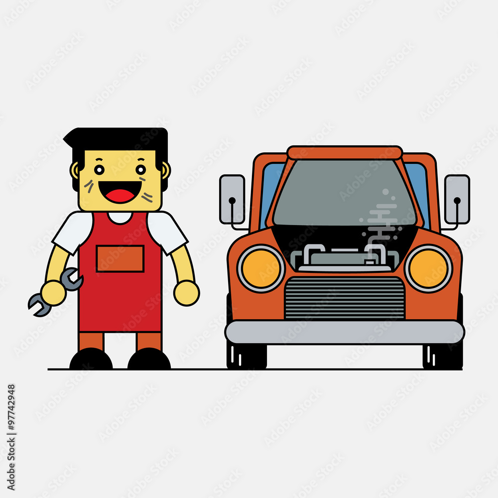 Car mechanic standing with car, Cartoon vector illustration. Car mechanic standing with car, Cartoon vector illustration.