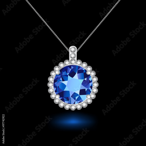 Pendant with sapphire on a silver chain. Black background. Vector illustration