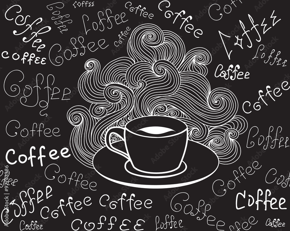 Food and drink vector seamless pattern with coffee cup and words Food and drink vector seamless pattern with coffee cup and words