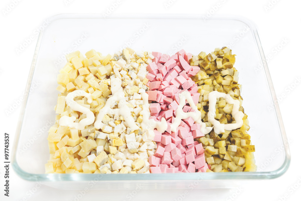 Cut ingredients for salad and inscription mayonnaise Cut ingredients for salad and inscription mayonnaise