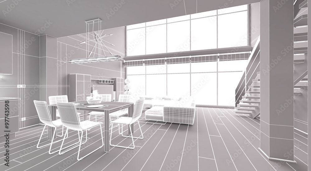3D Interior rendering of a modern tiny loft 3D Interior rendering of a modern tiny loft