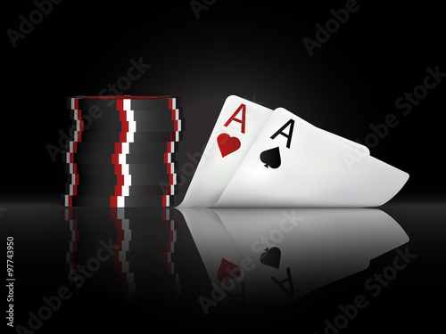Vector illustration on a casino theme with poker symbols and poker cards on dark background. 