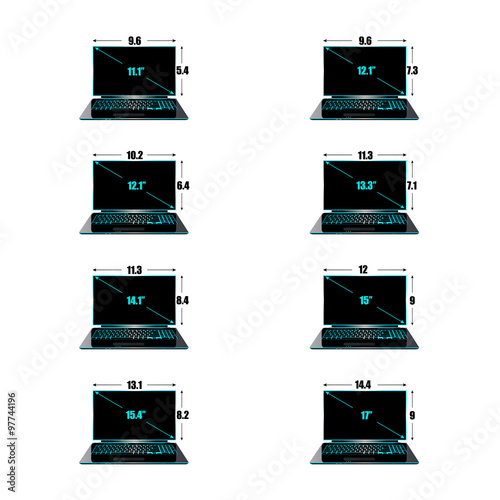 Set of the sizes of a matrix of laptops inches, height and width.