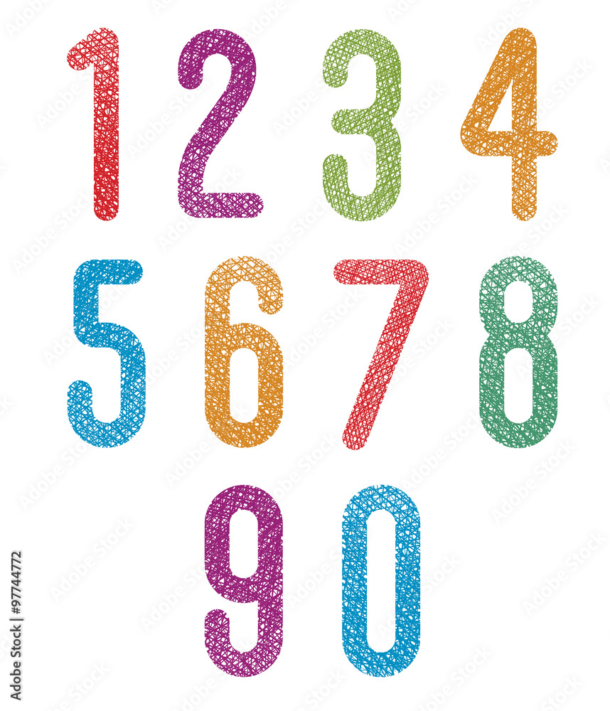 Retro style geometric rounded numbers set with hand drawn lines