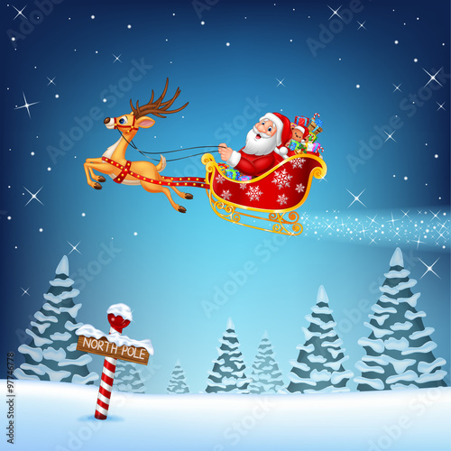 Happy Santa in his Christmas sled being pulled by reindeer 