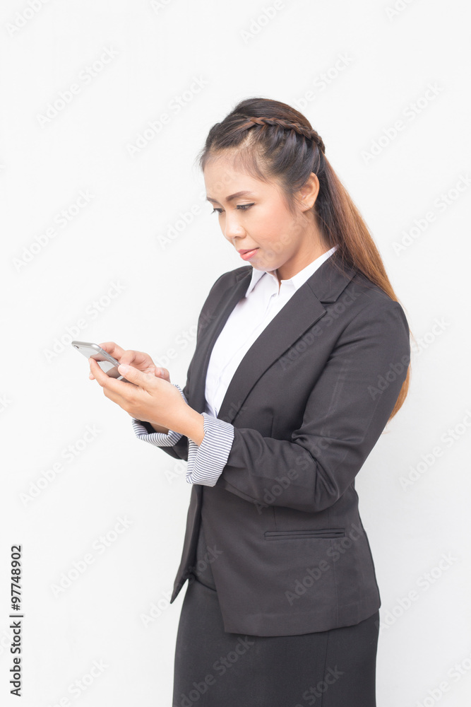 Business woman holding cellphone. checking email text messaging Business woman holding cellphone. checking email text messaging