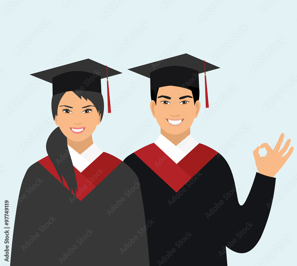 Girl and boy oriental appearance graduates in gowns Girl and boy oriental appearance graduates in gowns