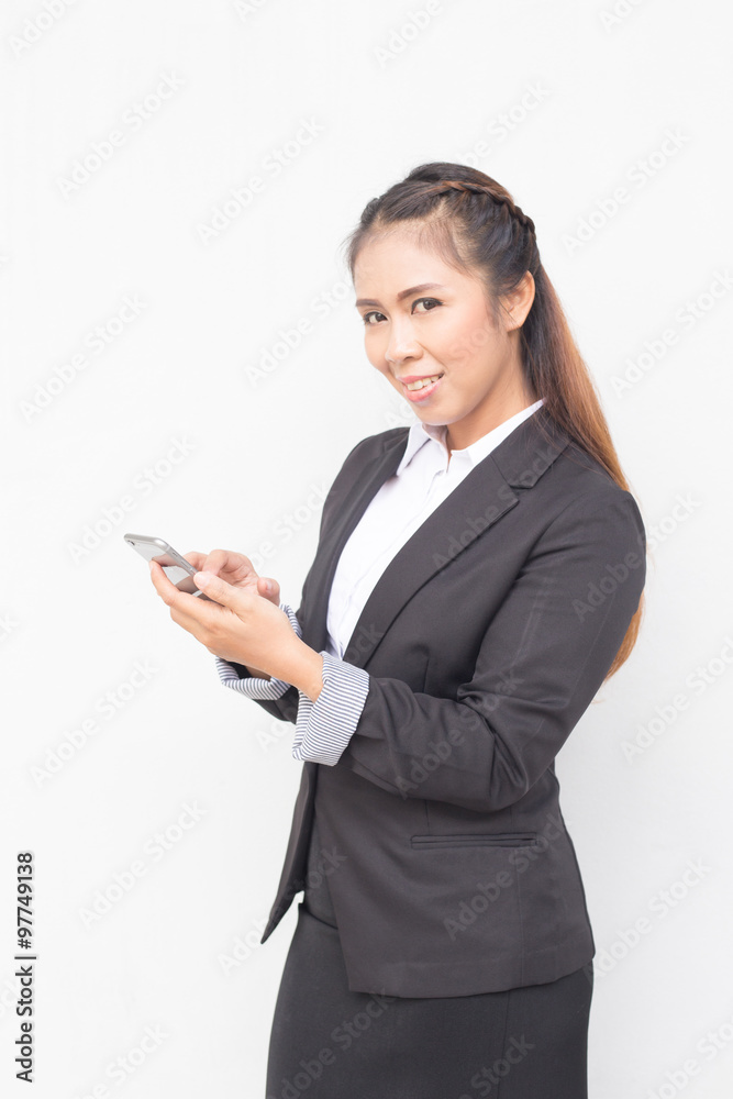 Business woman holding cellphone. checking email text messaging Business woman holding cellphone. checking email text messaging