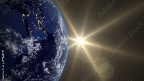 Beautiful Sunrise Over The Earth. The transition from night to day. Sunrise From Space. Earth From Space. v.4. Elements of this image furnished by NASA photo
