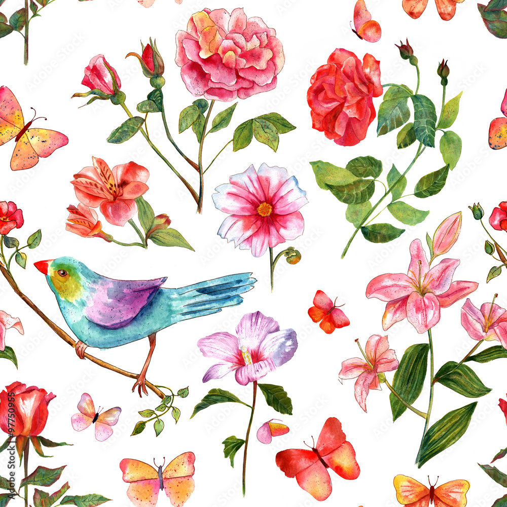 Seamless background pattern with watercolor bird, butterflies and flowers