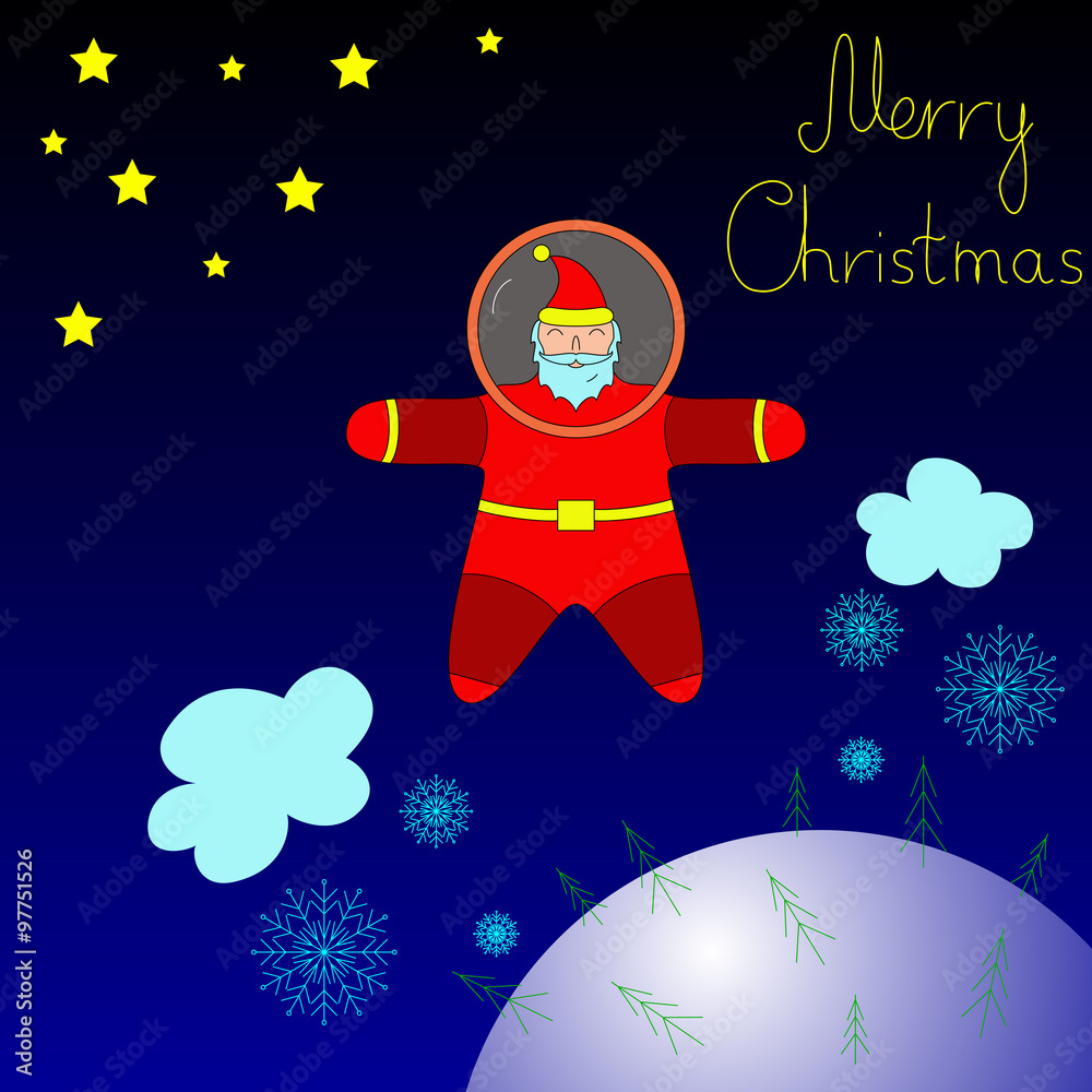 Santa is flying in space above the earth. On the earth it is snowing. Above the earth Santa astronaut is coming with Merry Christmas.