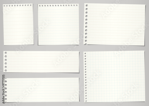 Set of torn notebook papers with lines and grid on gray background