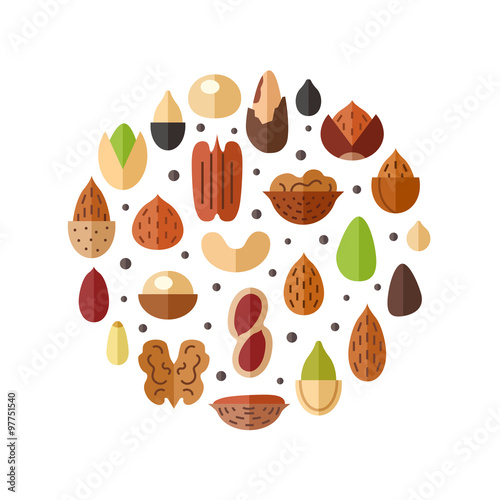 Nuts and seeds circle vector background. Modern flat design.
