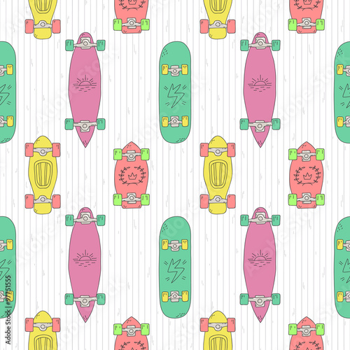 Skateboards and longboards cartoon style vector seamless pattern (purple-pink, green, yellow, red). Colorful illustration.