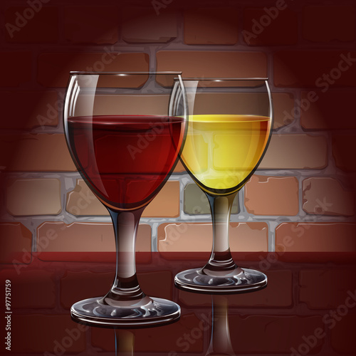 Glass wine glass with red wine, white wine, cider. A realistic, transparent. Brick wall. Vector.