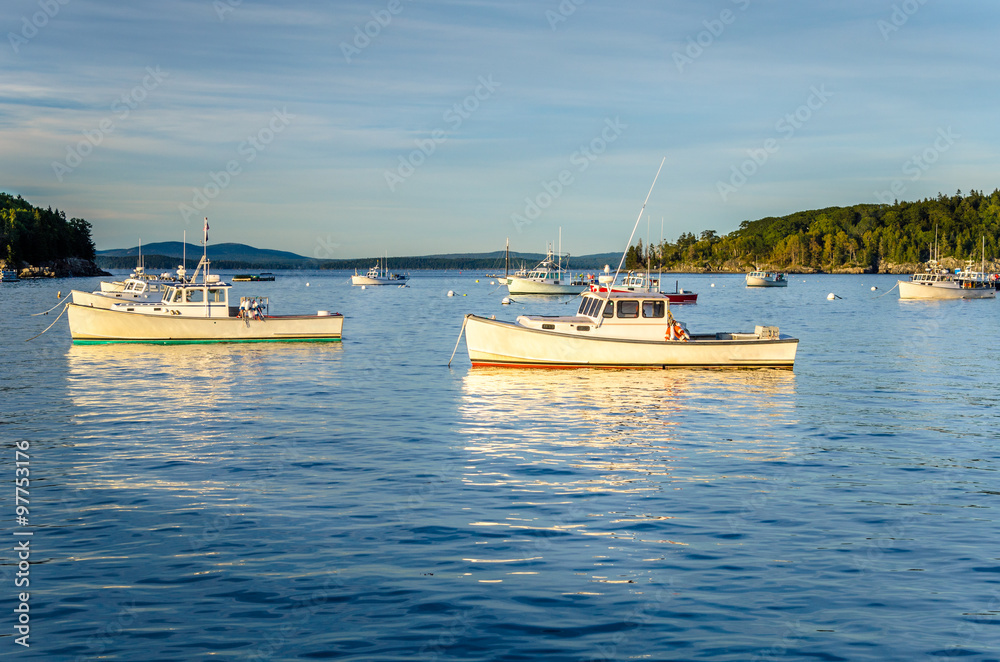Obraz premium Fishing Boats in Harbour and Reflection in Water