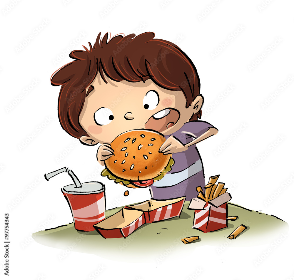 niño comiendo hamburguesa Stock Illustration | Adobe Stock