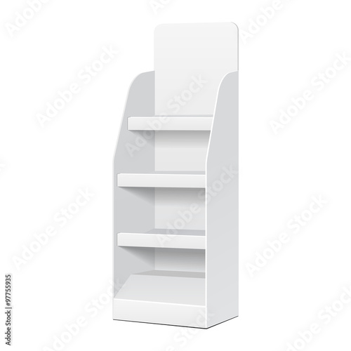 White POS POI Cardboard Blank Empty Displays With Shelves Products On White Background Isolated. Ready For Your Design. Product Packing. 