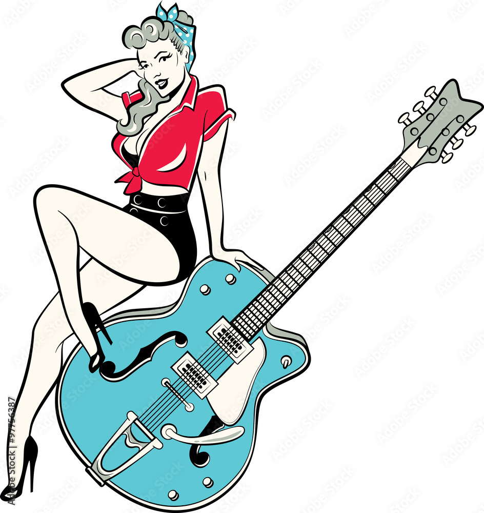 Naklejka premium Rockabilly pinup girl wearing a bandana and high heels sitting on a guitar