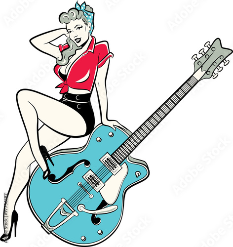 Rockabilly pinup girl wearing a bandana and high heels sitting on a guitar