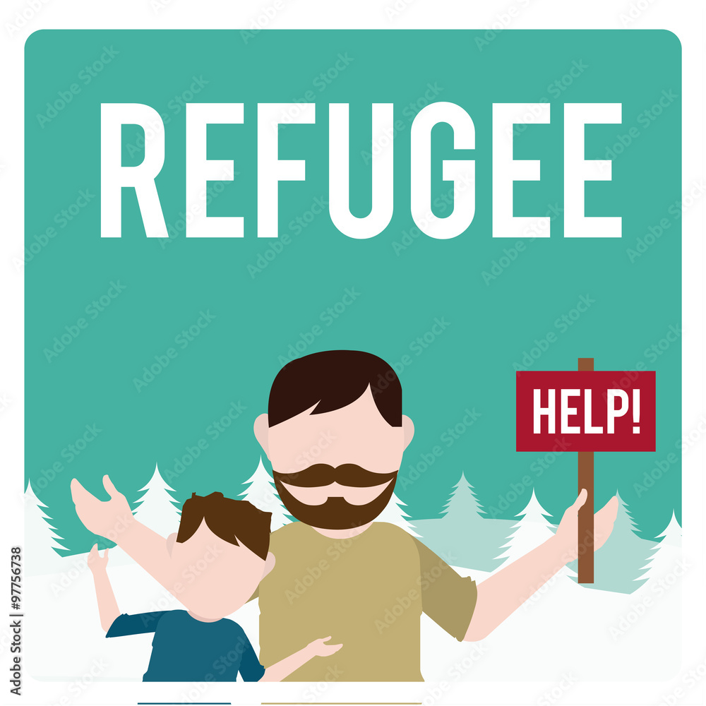 refugee illustration over winter landscape refugee illustration over winter landscape