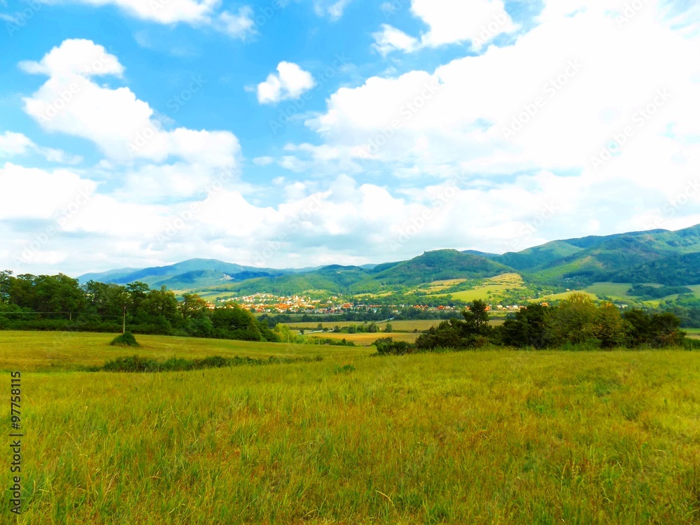 Meadow, forests, village and sky