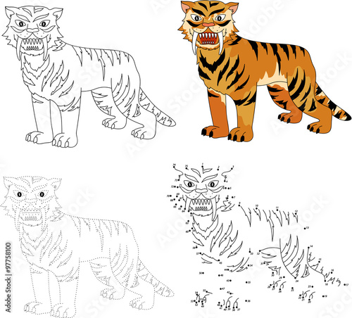 Cartoon saber-toothed tiger. Vector illustration. Dot to dot gam