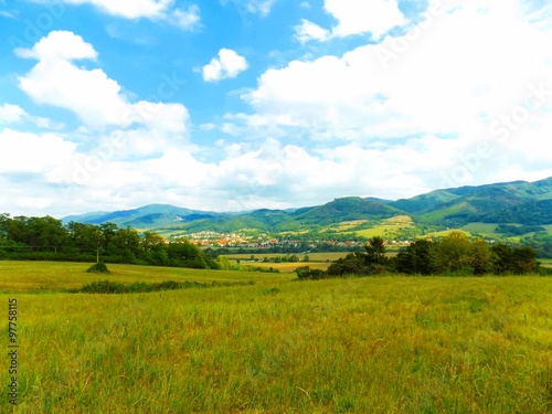 Meadow  forests  village and sky