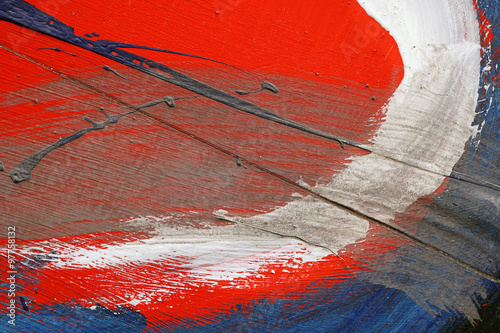 Brushstroke - white, blue and red acrylic paint  on  metal surfa #97758132