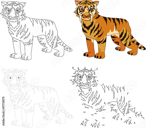 Cartoon saber-toothed tiger. Vector illustration. Dot to dot gam