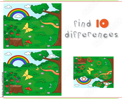 Forest glade with a stub, strawberries, butterfly, trees, rainbo