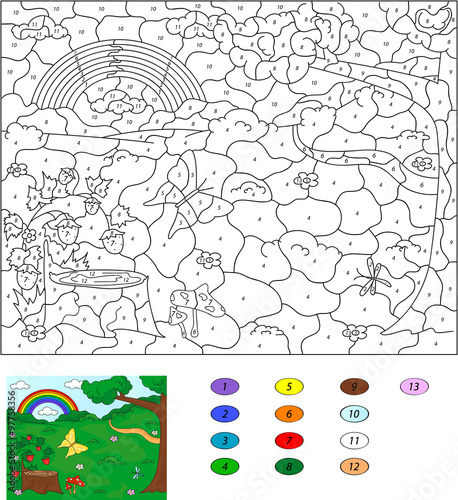 Color by number educational game for kids. Forest glade with a s