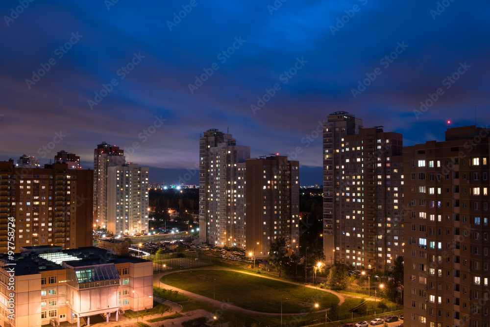 Residental area with school and stadium in Moscow region at night
