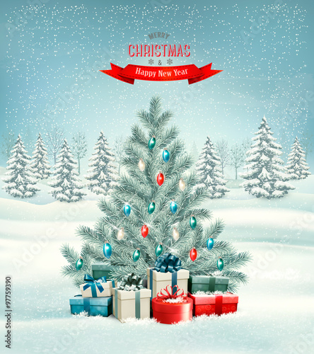 Christmas tree with presents background. Vector.