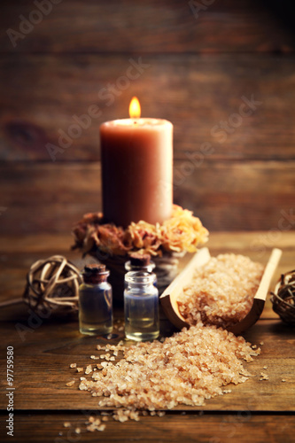 Beautiful relax composition with candle on wooden background