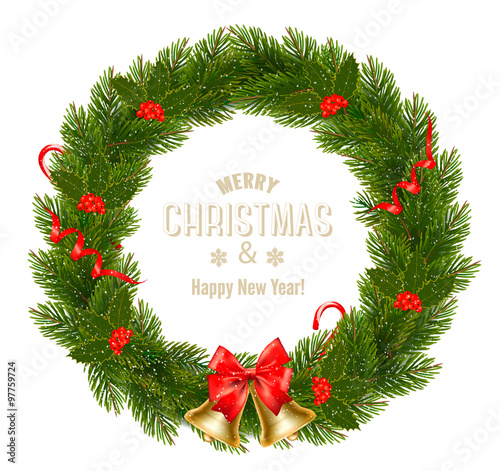 Gift card with Christmas Wreath and Bow. Vector illustration.