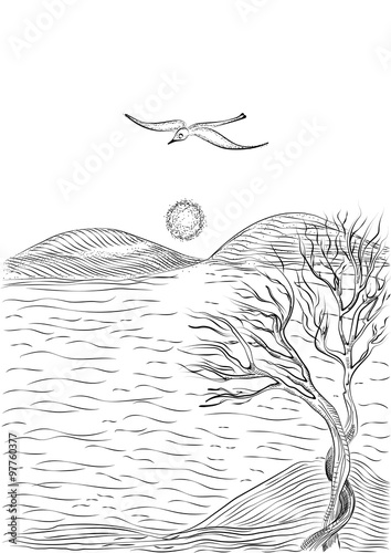 landscape with tree on a hilly sea shore and flying seagull. Monochrome freehand ink drawn sketch in art doodle style pen.