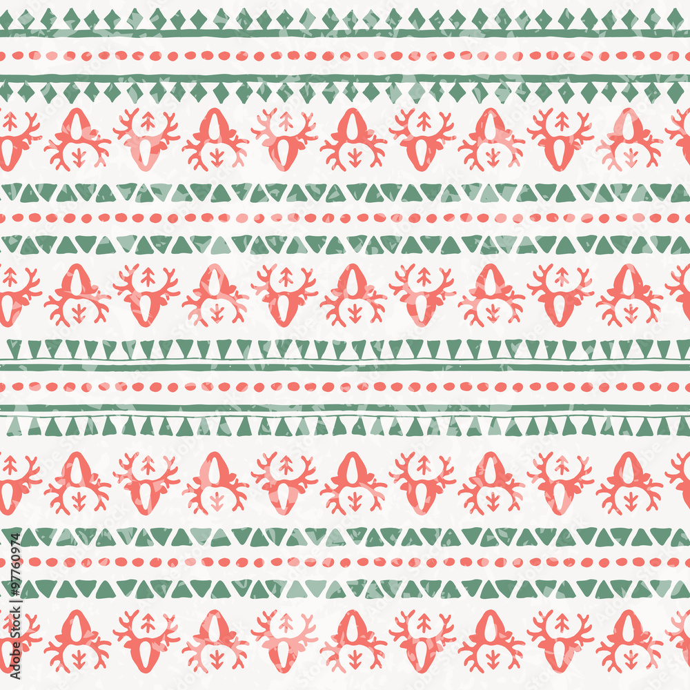 Hand drawn tribal seamless pattern with reindeers and geometric ornament Hand drawn tribal seamless pattern with reindeers and geometric ornament