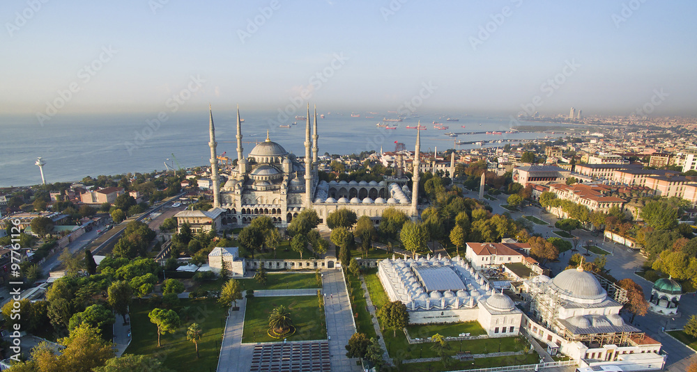 Blue Mosque and Istanbul panorama aerial view