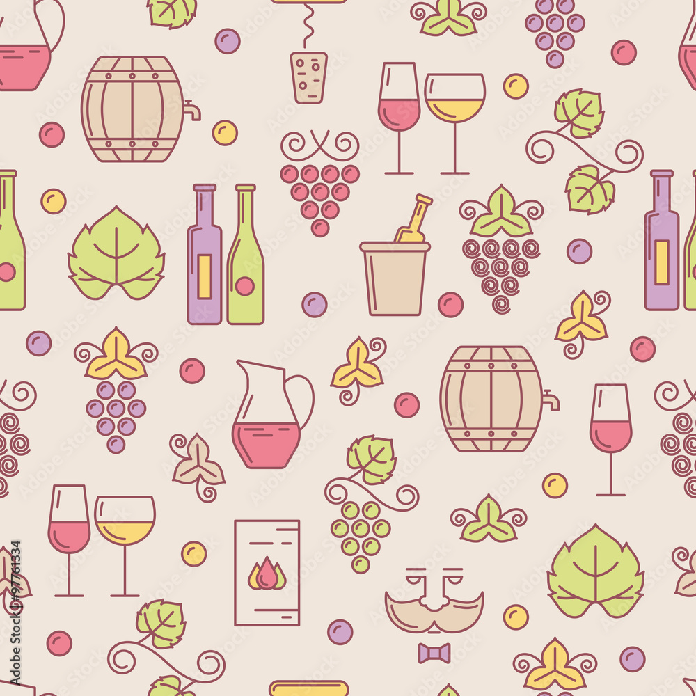Vector seamless pattern with wine bottle, glass, grape vine, lea