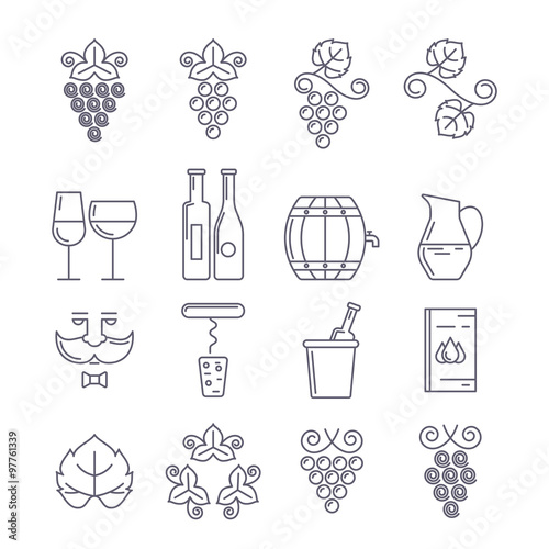 Wine bottle, glass, grape vine and leaf, food and drink line ill