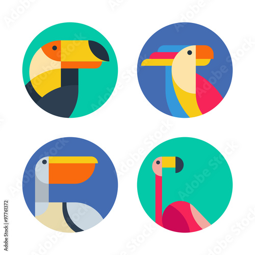 Set of vector logo, badges, labels with exotic tropical birds.